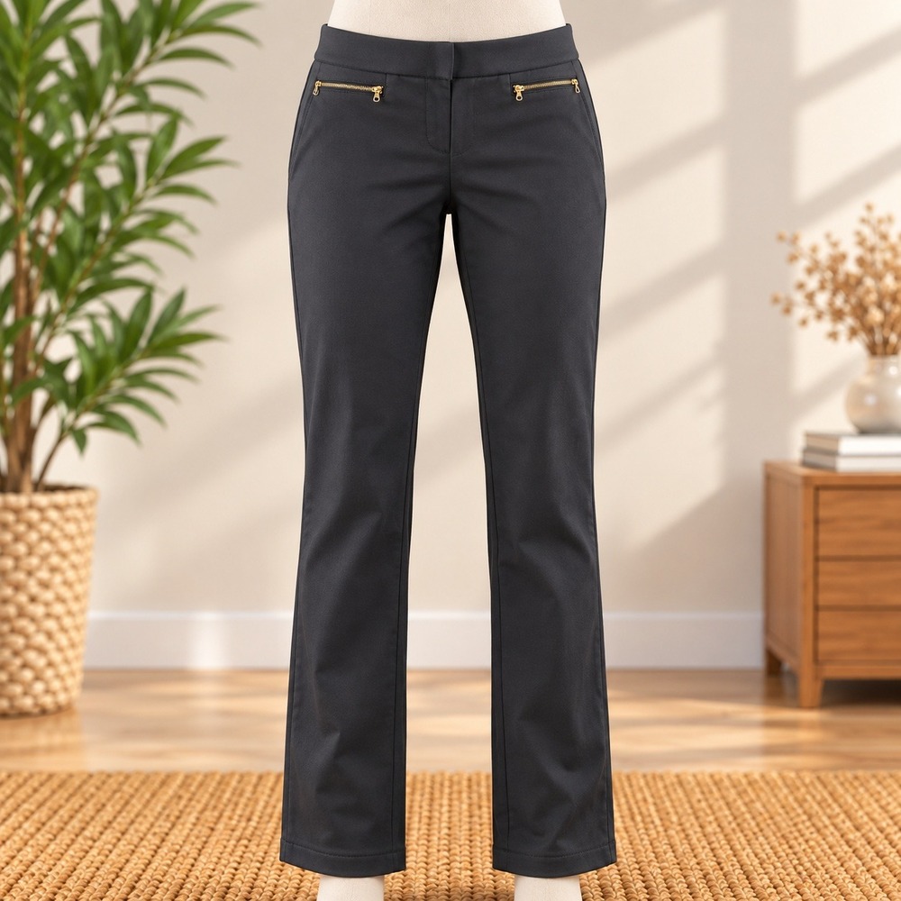 NWT Ann Taylor Ponte Pants Womens Medium Black Gold Zipper Accents Pull On